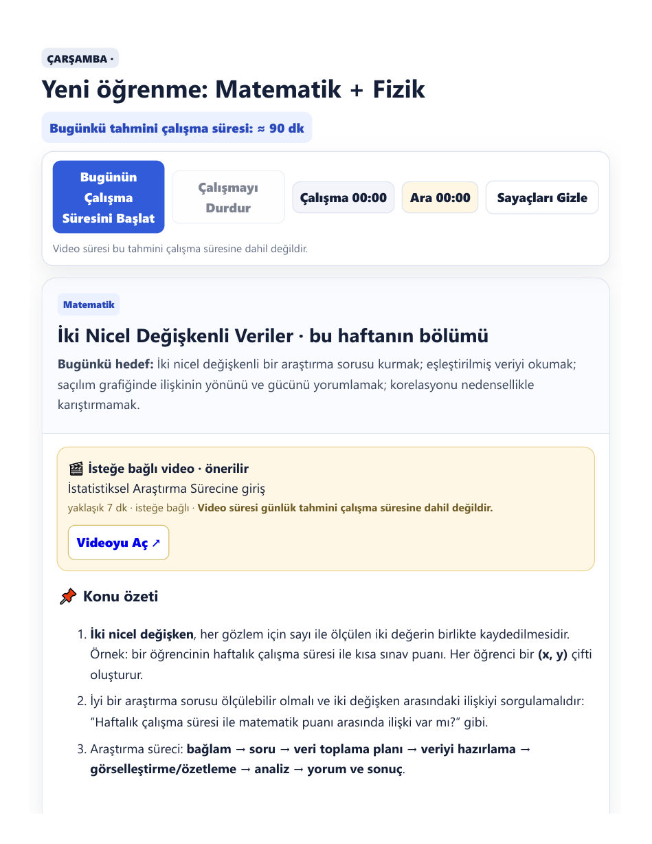 11. sınıf elektronik kitapçığında günlük eğitim ve zamanlayıcı