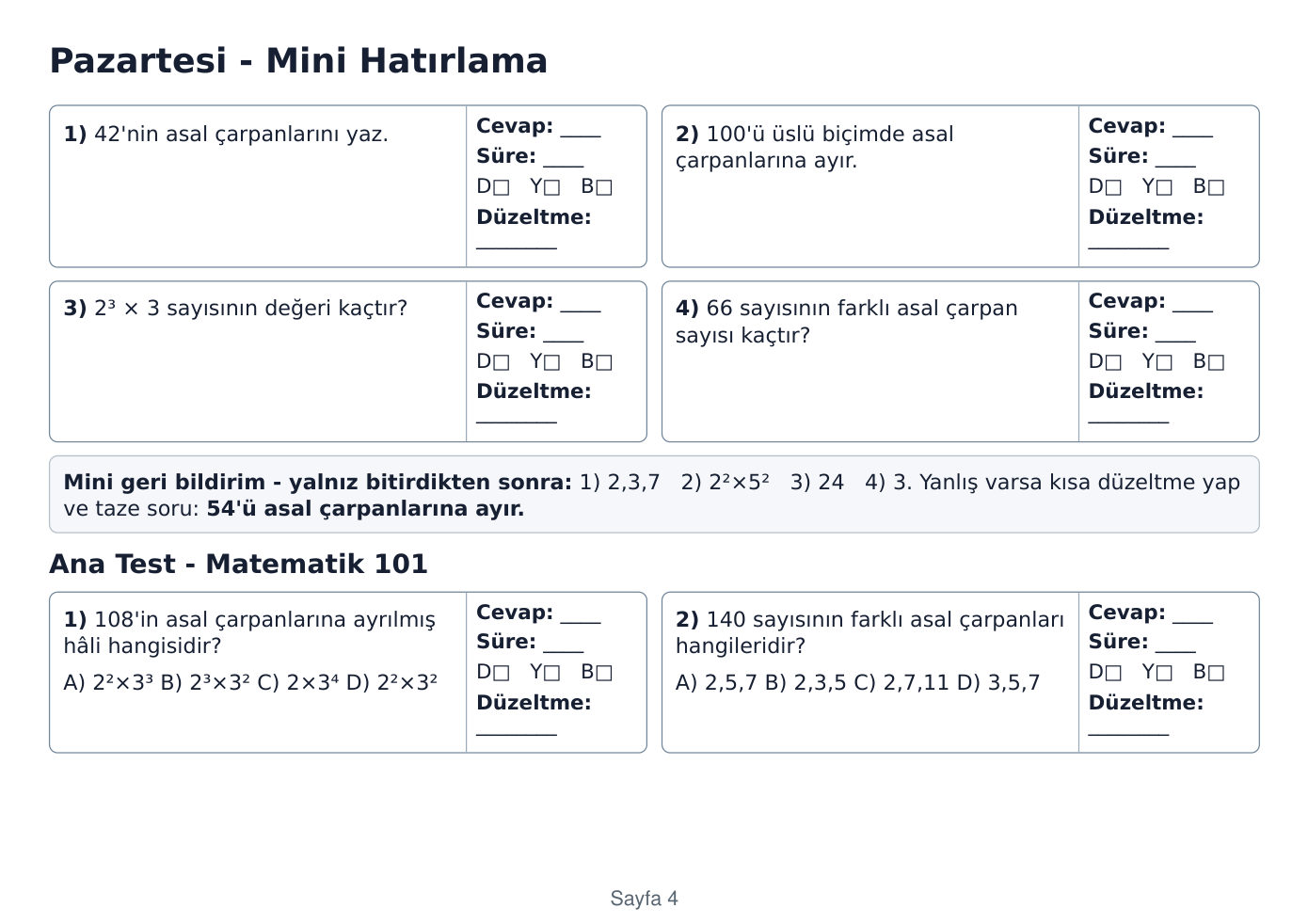 İkinci hafta kitapçığında aktif hatırlama sayfası